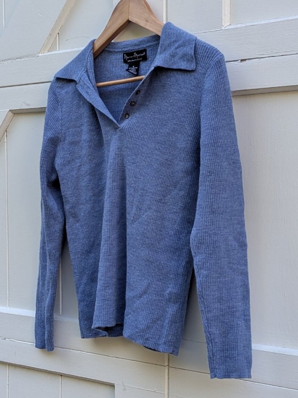 Mercer & Madison Blue 100% Italian Merino Wool Button Polo Collar Sweater S